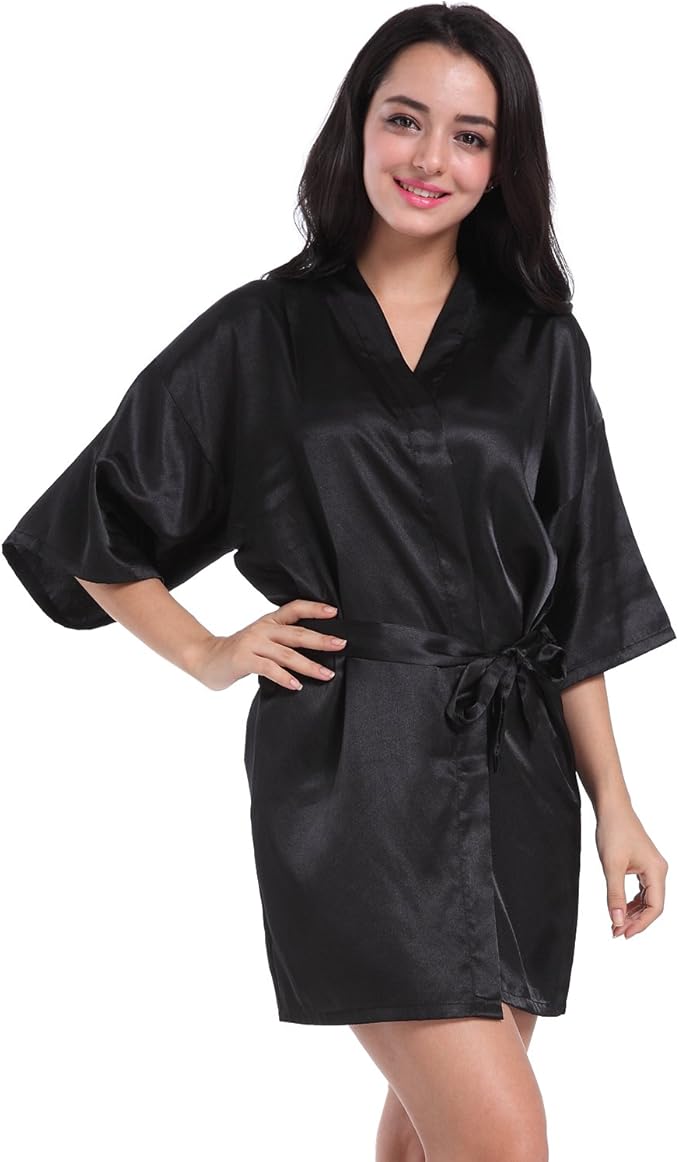 simjoy 女式缎面短款和服长袍纯色礼服浴袍新娘派对长袍